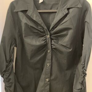 G Couture Italian Cotton Black Ruched Button Up Blouse